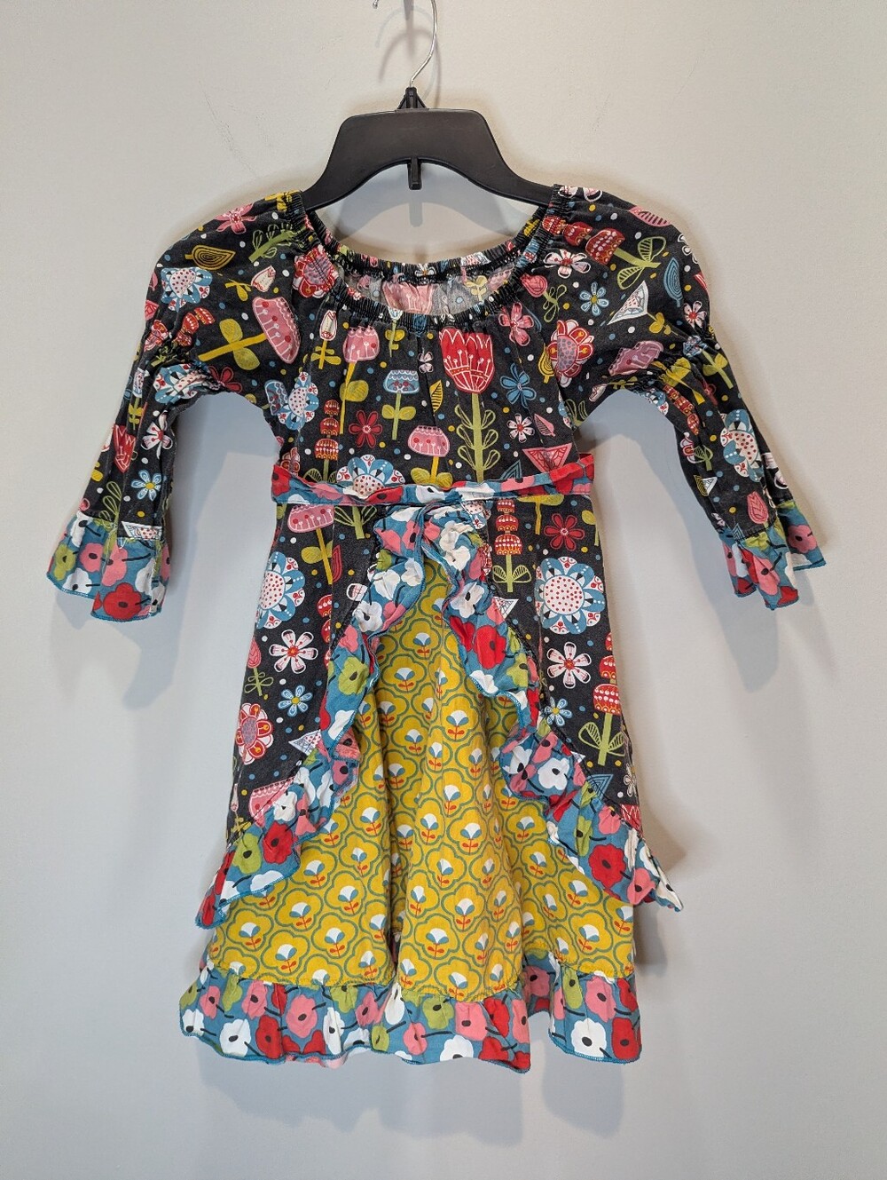 Jelly The Pug Colorful Floral Long Sleeve Ruffle Dress W/ Faux Underskirt Size S